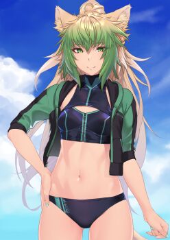  1girl animal_ears atalanta_(fate) bikini black_bikini blonde_hair blue_sky blush braid breasts cat_ears fate/apocrypha fate/grand_order fate_(series) french_braid gradient_hair green_eyes green_hair green_jacket highres hikichi_sakuya jacket long_hair looking_at_viewer multicolored_hair navel open_clothes open_jacket ponytail sky smile solo swimsuit thighs  rating:Sensitive score:40 user:danbooru