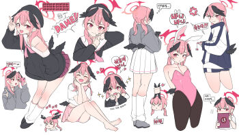  >_< 1girl absurdres anger_vein animal_ear_hairband animal_ear_headwear animal_ears arms_behind_back bare_legs barefoot black_cardigan black_hat black_wings blue_archive blush book bra_strap cardigan cellphone collarbone covering_own_mouth crossed_fingers fake_animal_ears flat_chest flying_sweatdrops from_behind grabbing_another's_wing grey_footwear grey_hoodie gym_shirt gym_shorts gym_uniform hair_down hairband halo hat head_wings heart highres holding holding_book hood hood_down hoodie kneehighs koharu_(blue_archive) korean_commentary korean_text leaning_forward legs light_frown loafers loli long_sleeves looking_at_viewer loose_socks low_twintails low_wings medium_hair miniskirt multiple_views neckerchief off_shoulder panties pantyshot phone pink_eyes pink_hair pink_neckerchief pink_panties pink_sailor_collar pink_skirt playboy_bunny pleated_skirt red_halo sailor_collar school_uniform selfie serafuku shirt shoes shorts sitting skirt sleeves_past_wrists smartphone smile socks soles speech_bubble spoken_anger_vein sr_(se0run) standing star_(symbol) sweatdrop thighs thought_bubble twintails underwear v variations white_background white_sailor_collar white_serafuku white_skirt white_socks wings  rating:Sensitive score:45 user:lazycatx64