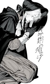  1girl absurdres ascot bloodborne cloak closed_mouth commentary_request dress gloves greyscale hat highres kani_ka_nanika long_hair monochrome own_hands_together plain_doll seiza sitting solo translation_request 