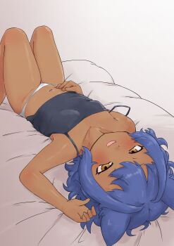  1girl :d absurdres black_camisole blue_hair breasts brown_eyes camisole camisole_lift clothes_lift dark-skinned_female dark_skin fang fumotaru hand_on_own_stomach highres loli looking_at_viewer lying mesugaki navel on_back open_mouth original panties short_hair skin_fang small_breasts smile stomach strap_slip underwear white_panties 