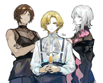  1boy 2girls black_dress blonde_hair blue_eyes brown_eyes brown_hair champagne_flute collared_shirt cowboy_shot crossed_arms cup dark-skinned_female dark_skin dress drinking_glass faust_(project_moon) hand_on_another's_shoulder limbus_company multiple_girls nishikujic official_alternate_costume outis_(project_moon) project_moon shirt short_hair simple_background sinclair_(project_moon) suspenders white_background white_hair white_shirt yellow_eyes 