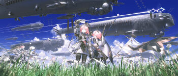  6+girls absurdres aircraft airship armor black_gloves flag flower gloves highres holding holding_phone horse multiple_girls original outdoors phone pink_hair purple_eyes reoen selfie shield short_hair taking_picture tiara weapon  rating:Sensitive score:1 user:danbooru