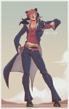  1girl belt black_hair border breasts cleavage coat cosplay crop_top double_bun fingerless_gloves full_body gloves hair_bun hair_down hand_on_own_hip highres jojo_no_kimyou_na_bouken jojo_pose kennichijou kujo_jotaro's_pose kujo_jotaro_(cosplay) kuujou_jolyne kuujou_joutarou long_hair long_sleeves looking_at_viewer midriff multicolored_hair multiple_belts open_clothes open_coat outdoors parted_lips pointing pointing_at_viewer popped_collar red_hair signature sky solo stardust_crusaders stone_ocean two_side_up white_border 