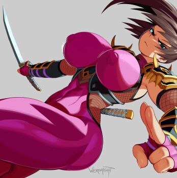  1girl abs absurdres arm_guards armor black_eyes bodysuit breasts brown_hair closed_mouth commentary covered_erect_nipples cowboy_shot dutch_angle english_commentary fishnets frown glaring grey_background highres holding holding_sword holding_weapon impossible_bodysuit impossible_clothes kodachi kuji-in large_breasts looking_at_viewer medium_hair ninja purple_bodysuit short_sword shoulder_armor signature simple_background skin_tight sleeveless sleeveless_bodysuit solo soul_calibur sword sword_on_back taki_(soulcalibur) thick_thighs thighs toned toned_female v-shaped_eyebrows weapon weapon_on_back werfmight wrist_guards 