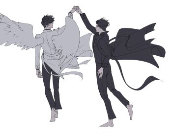  2boys barefoot black_coat black_hair coat dancing feathered_wings full_body highres holding_hands imgeun kim_dokja male_focus multiple_boys omniscient_reader's_viewpoint short_hair standing tiptoes white_coat white_wings wind wind_lift wings yoo_joonghyuk 