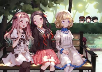  1girl 3boys 3girls alternate_costume bench black_hair black_shirt blonde_hair bread character_request closed_eyes closed_mouth copyright_request crossover dress food hair_ornament hair_ribbon hanako_(jibaku_shounen_hanako-kun) hat highres iwanaga_kotoko jibaku_shounen_hanako-kun kamado_nezuko kamado_tanjirou kimetsu_no_yaiba kitou_akari kyokou_suiri long_hair long_sleeves mouth_hold multicolored_hair multiple_boys multiple_crossover multiple_girls neckerchief o_o open_mouth pantyhose pink_eyes pink_ribbon pink_skirt purple_eyes red_eyes ribbon school_uniform shibaziliangliang shirt skirt smile thighhighs voice_actor_connection white_dress yashiro_nene  rating:General score:9 user:danbooru