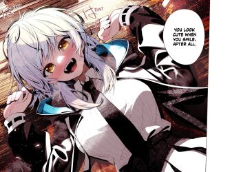  1girl black_jacket black_necktie black_skirt blush breasts collared_shirt colorized dot_nose english_text female_focus highres hood hooded_jacket hoodie igarashi_masakuni jacket kirino_iko large_breasts long_sleeves looking_at_viewer lying manga_illustration manga_page mayonaka_heart_tune miniskirt necktie official_art on_back open_mouth pleated_skirt school_uniform shirt shirt_tucked_in short_hair skirt smile solo solo_focus speech_bubble teeth tongue translated white_hair white_shirt yellow_eyes  rating:General score:3 user:HentaiFushinsa007