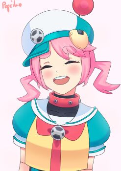  1girl ^_^ absurdres android animal_collar animal_ears aqua_hat aqua_sleeves arms_at_sides artist_name asui_inui_(vtuber) baseball_cap black_unitard blush borrowed_character closed_eyes collar collarbone commentary crop_top dog_ears dog_girl droopy_ears facing_viewer happy hat head_tilt highres indie_virtual_youtuber joints medium_hair neckerchief open_mouth paprikothe pink_hair puffy_short_sleeves puffy_sleeves red_collar red_neckerchief robot robot_girl robot_joints round_teeth sailor_collar sailor_shirt shirt short_sleeves short_twintails sidelocks simple_background smile solo studded_collar swept_bangs teeth thick_eyebrows tilted_headwear twintails unitard upper_body upper_teeth_only virtual_youtuber white_background white_sailor_collar yellow_shirt 