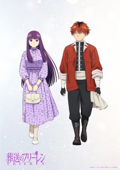  1boy 1girl anime_coloring bag bandaged_arm bandages black_boots black_gloves black_pants blunt_bangs boots bracelet choppy_bangs closed_mouth commentary_request copyright_name copyright_notice dress expressionless fern_(sousou_no_frieren) fingerless_gloves full_body gloves hair_between_eyes highres holding holding_bag jacket jewelry long_dress long_hair long_sidelocks long_sleeves looking_ahead looking_at_another multicolored_hair official_alternate_costume official_art open_clothes open_jacket pants purple_dress purple_eyes purple_hair red_eyes red_hair red_jacket roots_(hair) shoes short_hair sidelocks sleeves_rolled_up sousou_no_frieren stark_(sousou_no_frieren) straight-on walking white_background white_shoes 