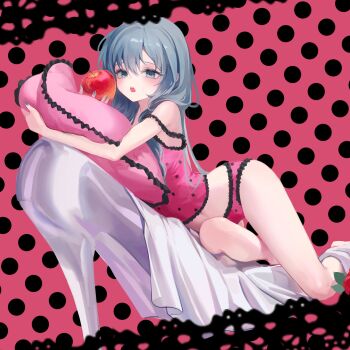  1girl absurdres apple aqua_eyes aqua_hair bare_shoulders bed black_lace_trim breasts camisole chungjum2 commentary_request eyelashes food frilled_camisole frilled_pajamas frilled_panties frills fruit hair_between_eyes hatsune_miku highres holding holding_food holding_fruit lace-trimmed_camisole lace_trim long_hair looking_at_viewer lying medium_breasts midriff navel off-shoulder_shirt off_shoulder on_side open_mouth pajamas panties pink_camisole pink_panties pink_pillow polka_dot polka_dot_background polka_dot_camisole polka_dot_panties romeo_to_cinderella_(vocaloid) shirt solo strap_slip underwear vocaloid 