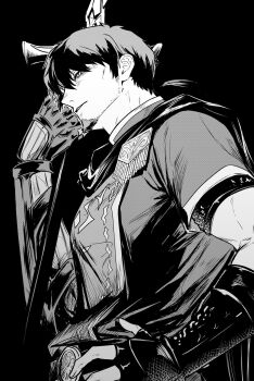  1boy black_background commentary_request facial_hair fate/grand_order fate_(series) fingerless_gloves gloves goatee greyscale hector_(fate) highres holding holding_polearm holding_weapon koniko0907 male_focus mature_male monochrome polearm ponytail profile shirt simple_background solo upper_body weapon 