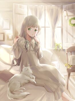 1girl absurdres arms_up barefoot bed bedroom blush book cat chair commentary curtains day english_commentary feet_out_of_frame female_focus green_eyes hair_ribbon hand_on_own_face highres hoshiibara_mato indoors lace-trimmed_sleeves lace_trim lamp light_blush light_brown_hair light_bulb light_particles light_rays long_hair long_sleeves looking_at_viewer morning nightgown on_bed open_mouth original picture_frame pillow plant potted_plant ribbon sidelocks sitting solo sunbeam sunlight tress_ribbon uneven_eyes very_long_hair white_nightgown window window_shutter wreath rating:Sensitive score:9 user:danbooru