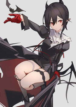  1girl absurdres arknights arm_support ascot bat_(animal) black_boots black_coat black_dress black_hair black_shoes black_socks boots chichi_guai chinese_commentary coat commentary_request double-parted_bangs dress entelechia_(arknights) fold-over_boots frown full_body gloves grey_background grey_socks hair_between_eyes hair_horns half_gloves highres invisible_chair juliet_sleeves kneehighs long_sleeves looking_at_viewer mole mole_under_eye outstretched_hand pointy_ears puffy_sleeves red_eyes red_gloves shirt shoes short_dress short_hair simple_background sitting socks solo star-shaped_pupils star_(symbol) symbol-shaped_pupils thigh_strap thighs white_ascot 