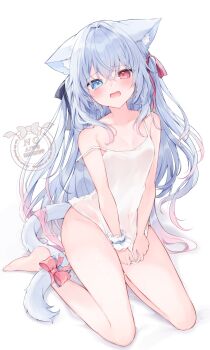 1girl animal_ears animal_slippers bare_shoulders barefoot blue_eyes bow bracelet cat_day cat_ears cat_girl commentary_request dress full_body heterochromia highres jewelry kanzaki_ririka long_hair red_eyes slippers tail thai_commentary virtual_youtuber white_background white_dress white_hair 