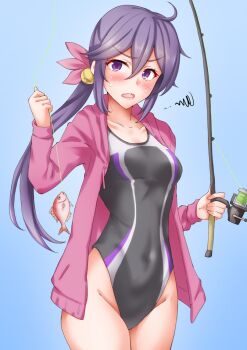  1girl akebono_(kancolle) alternate_costume anti_(untea9) black_one-piece_swimsuit blue_background breasts competition_swimsuit cowboy_shot fishnets gradient_background kantai_collection looking_at_viewer one-piece_swimsuit solo swimsuit twitter_username 