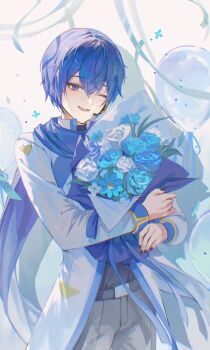  1boy absurdres balloon black_shirt blue_eyes blue_flower blue_nails blue_rose blue_scarf blue_trim bouquet coat commentary double-parted_bangs flower grey_pants hair_between_eyes highres holding holding_bouquet iblos1202 kaito_(vocaloid) long_scarf long_sleeves male_focus nail_polish one_eye_closed pants popped_collar rose scarf shirt shirt_tucked_in short_hair sleeve_cuffs smile solo streamers untranslatable_commentary vocaloid white_background white_coat 