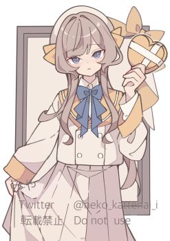  1girl absurdres alternate_costume blue_eyes blue_neckerchief blush bow box brown_hair clothes_lift commentary_request genshin_impact gift gift_box hair_bow hat heart heart-shaped_box highres holding holding_box holding_gift long_sidelocks long_sleeves looking_at_viewer neckerchief neko_kattenai_i open_mouth picture_frame pleated_skirt sailor_collar sailor_shirt sandrone_(genshin_impact) shirt short_hair short_hair_with_long_locks sidelocks skirt skirt_lift solo white_day white_skirt yellow_sailor_collar 