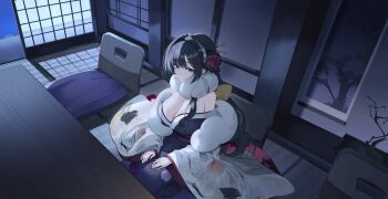  1girl animal_print black_hair breasts chabudai cleavage cushion earrings floral_print flower game_cg hair_between_eyes hair_flower hair_ornament hairpin hands_on_lap highres hinomiya_shion indoors japanese_clothes jewelry kimono large_breasts long_hair night non-web_source off_shoulder poker_fate purple_eyes purple_kimono red_flower red_nails red_rose rose seiza sitting solo stud_earrings table tatami very_long_hair window_shadow zabuton zaisu 