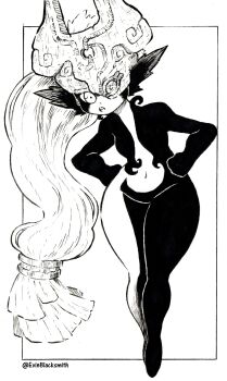  1girl absurdres broken_mask colored_skin evinblacksmith greyscale hands_on_own_hips highres imp leaning_forward looking_at_viewer mask mask_over_one_eye midna monochrome multicolored_skin navel nintendo open_mouth pointy_ears shortstack solo stomach the_legend_of_zelda the_legend_of_zelda:_twilight_princess thick_thighs thighs two-tone_skin wide_sleeves 