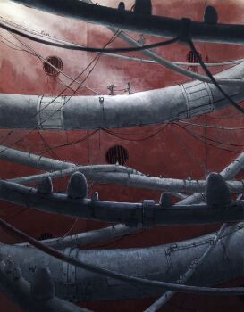  2boys backpack bag cable commentary_request drain_(object) hat highres kamikairo megastructure multiple_boys multiple_others original scenery science_fiction standing standing_on_one_leg very_wide_shot 