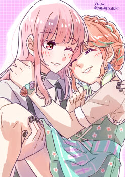  absurdres apron aqua_apron braid breasts cleavage couple cross-laced_clothes cross-laced_dress crown_braid dirndl dress earrings feather_earrings feathers german_clothes green_dress hair_ornament highres hololive hololive_english jewelry large_breasts long_hair low-cut mori_calliope mori_calliope_(sheriff) multicolored_hair official_alternate_costume open_mouth orange_hair purple_eyes scoop_neck see-through_clothes see-through_sleeves sheriff_(western) sheriff_badge skull_choker smile square_neckline takanashi_kiara takanashi_kiara_(dirndl) virtual_youtuber wrist_flower xu_chin-wen yuri 