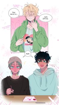  3boys ? ?? alien_stage anger_vein artist_name black_eyes black_shirt blush brown_hat colored_eyelashes commentary earrings english_commentary english_text fang fudanshi green_eyes green_hoodie hat heart highres hood hoodie ivan_(alien_stage) jewelry kpop_demon_hunters lqbtill luka_(alien_stage) mask meme mouth_mask multiple_boys open_clothes open_hoodie open_mouth print_shirt red_pupils ship_name shirt short_hair till_(alien_stage) white_hoodie white_shirt yellow_eyes yoshi_and_toad_kissing_(meme) 