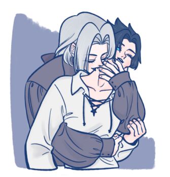  105zz 2boys aqua_eyes arm_around_waist biting black_hair border closed_eyes collared_shirt commentary_request cropped_torso final_fantasy final_fantasy_vii grey_background grey_hair grey_ribbon grey_shirt hair_ribbon hand_on_another's_chin long_hair long_sleeves low_ponytail lowres male_focus multiple_boys neck_biting one_eye_closed parted_bangs ponytail puffy_long_sleeves puffy_sleeves ribbon sephiroth shirt short_hair upper_body vampire white_border white_shirt yaoi zack_fair 