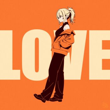  1girl armpit_crease bare_shoulders black_pants black_shirt black_shoes blonde_hair closed_mouth commentary english_text highres jacket looking_ahead love_live! love_live!_nijigasaki_high_school_idol_club miyashita_ai off_shoulder open_clothes open_jacket orange_jacket orange_theme pants ponytail profile shirt shoes sleeveless sleeveless_shirt solo text_background turtleneck turtleneck_shirt untranslatable_commentary uyu1023 