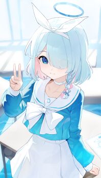  1girl absurdres arm_at_side arona_(blue_archive) blue_archive blue_eyes blue_hair blue_halo blue_shirt bow bow_hairband bowtie classroom closed_mouth colored_inner_hair commentary day desk eyes_visible_through_hair hair_over_one_eye hairband halo hand_up highres indoors liago light_smile long_bangs looking_at_viewer multicolored_hair parted_bangs sailor_collar school_desk school_uniform shirt skirt solo v white_bow white_bowtie white_hairband white_sailor_collar white_skirt 