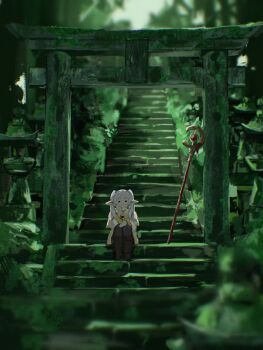  1girl =_= black_leggings blurry boots capelet depth_of_field earrings elf frieren green_theme hashtag-only_commentary highres jewelry leggings mage_staff moss parted_bangs pointy_ears raberu_ruru sitting solo sousou_no_frieren staff stairs stone_lantern teardrop_earrings torii twintails white_capelet white_hair 