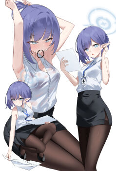  1girl absurdres adjusting_hair alternate_costume aoi_(blue_archive) armpits arms_up black_pantyhose black_skirt blue_archive blue_hair blue_halo earclip expressionless hair_tie_in_mouth halo highres kneeling lanyard looking_at_viewer mole mole_under_eye mouth_hold multiple_views office_lady pantyhose pencil_skirt pointy_ears ragnaveldt shirt skirt sleeveless sleeveless_shirt solo sweat tying_hair white_background white_shirt 