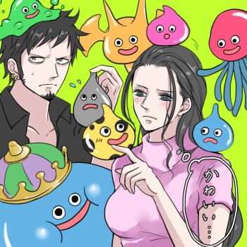  1boy 1girl 2017 black_hair blue_eyes blush bubble_slime commentary_request crossover crown cureslime dragon_quest drake_slime facial_hair flying_sweatdrops goatee green_background king_slime_(dragon_quest) long_hair metal_slime mottle_slime nico_robin nico_robin_(zou) on_head on_shoulder one_piece pink_slime_(dragon_quest) short_hair short_sleeves sideburns simple_background slime_(dragon_quest) sweatdrop trafalgar_law turtleneck yuri_kohi 