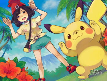  1girl aqua_shorts art_academy_(medium) bag beanie black_hair blue_sky closed_eyes cloud commentary_request day dutch_angle floral_print floral_print_shirt flower gen_1_pokemon grass handbag hands_up hat hibiscus legs_apart mountainous_horizon nintendo open_mouth outdoors palm_tree pikachu pokemon pokemon_(creature) pokemon_sm print_shirt red_flower red_hat saikachi_(ogre_tree) selene_(pokemon) shirt shoes short_hair short_sleeves shorts sky standing swept_bangs teeth tied_shirt tree upper_teeth_only z-move_trainer_pose z-ring 