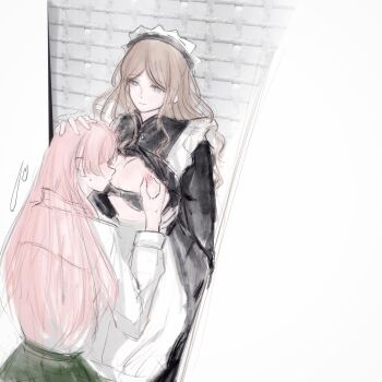  2girls bang_dream! bang_dream!_it's_mygo!!!!! breast_sucking brown_hair chihaya_anon chinese_commentary clothes_lift commentary_request funame111 haneoka_school_uniform highres long_hair long_sleeves maid multiple_girls nagasaki_soyo nipple_stimulation nipple_tweak pink_hair school_uniform shirt shirt_lift white_shirt yuri 