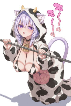 1girl alternate_costume animal_collar animal_costume animal_ears animal_print bell bikini black_collar breasts cat_ears cat_girl cat_tail cleavage collar commentary covered_erect_nipples cow_costume cow_hood cow_horns cow_print cow_print_bikini cowbell crossed_bangs double-parted_bangs ears_through_hood fake_horns hair_between_eyes hakui_ami highres hololive hood hood_up horns kneeling large_breasts looking_at_viewer nekomata_okayu onesie open_mouth print_bikini purple_eyes purple_hair short_hair simple_background solo swimsuit symbol-only_commentary tail virtual_youtuber white_background 