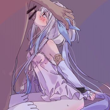 1boy 1girl 385qn absurdres bare_shoulders bdsm blue_dress blush bondage bound breasts censored commentary_request detached_sleeves dress fellatio female_focus gloves grabbing_another's_head grey_hair highres multicolored_dress multicolored_hair oral shadowverse simple_background small_breasts thighhighs twintails velharia_(shadowverse:_worlds_beyond) white_thighhighs yellow_eyes