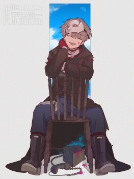  ^_^ adversarial_noise amanatsu_(amanatu5069) black_boots black_coat blue_pants boots chair closed_eyes coat commentary_request corded_phone facing_viewer gloves grey_background grey_hair hand_on_own_cheek hand_on_own_face highres on_chair open_mouth pants phone pink_liquid red_gloves reverse:1999 sitting sitting_backwards smile sparkle_facial_mark teeth upper_teeth_only watermark x_(breathing_in_silence)_(reverse:1999) x_(reverse:1999) 