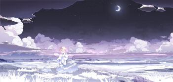 1girl asakura_masatoki barefoot blonde_hair cloud crescent_moon female_focus grass highres moon mountain night original scenery sitting sky solo star_(sky) starry_sky  rating:Sensitive score:14 user:danbooru