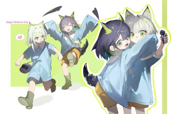  2girls absurdres alternate_costume animal_ear_fluff animal_ears arknights bag black_hair chinese_commentary commentary_request doctor_(arknights) full_body green_eyes green_hair highres horns kal'tsit_(arknights) looking_at_viewer mon3tr_(arknights) multicolored_hair multiple_girls running standing standing_on_one_leg tabayashi tail walking white_background white_hair 