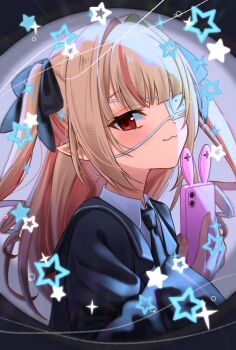  1girl :3 blazer blue_jacket blue_necktie blue_ribbon blue_sailor_collar blush cacao2bs cellphone closed_mouth collared_shirt colored_inner_hair commentary drill_hair eyepatch from_side grey_hair hair_intakes hair_ribbon highres holding holding_phone jacket lapels light_smile long_hair long_sleeves looking_at_viewer makaino_ririmu medical_eyepatch monitoring_(vocaloid) multicolored_hair necktie nijisanji notched_lapels official_alternate_costume official_alternate_hairstyle phone phone_with_ears pink_hair pink_streaks pointy_ears pov_peephole rabbit_ear_smartphone_case red_eyes ribbon sailor_collar school_uniform shirt sidelocks sleeves_past_wrists smartphone smartphone_case solo sparkle sparkling_aura standing star_(symbol) streaked_hair symbol-only_commentary two-tone_hair two_side_up upper_body virtual_youtuber white_background white_shirt 
