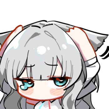  1girl animal_ears arknights arknights:_endfield bird_ears bird_girl blue_eyes blush_stickers chibi commentary cowering crying crying_with_eyes_open dress grey_hair hands_on_own_head kinbakuman long_hair looking_at_viewer lowres no_mouth perlica_(arknights) simple_background sleeveless sleeveless_dress solo tears upper_body white_background white_dress 