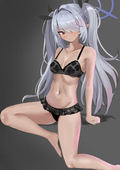  1girl :/ absurdres barefoot black_bra black_panties black_ribbon blue_archive blush bra breasts clenched_hand closed_mouth collarbone commentary_request dark-skinned_female dark_skin eyelashes floral_print foot_out_of_frame frilled_panties frills frown grey_hair hair_intakes hair_over_one_eye hair_ribbon halo highres iori_(blue_archive) lace lace-trimmed_bra lace_trim long_hair looking_at_viewer mochini navel no_tail one_eye_covered panties pointy_ears print_bra purple_halo red_eyes ribbon rose_print shadow shy sidelocks sitting small_breasts solo stomach thighs tsurime twintails underwear underwear_only very_long_hair yokozuwari 