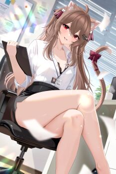  1girl absurdres ahoge animal_ears artist_name bare_legs black_shoes black_skirt bow bra bra_peek breasts broken_heart broken_heart_hair_ornament brown_hair buttons cat_ears cat_girl cat_tail chair cheese_art_studio cleavage clipboard collarbone collared_shirt commentary commission crossed_legs dutch_angle english_commentary evil_neuro-sama feet_out_of_frame from_below from_side glasses green_hair grin hair_between_eyes hair_ornament hair_ribbon heart highres holding holding_clipboard id_card indoors lanyard legs long_hair looking_at_viewer mechanical_ears multiple_tails neuro-sama office_lady open_clothes open_shirt red_bow red_eyes red_ribbon ribbon shirt shoes sitting skirt skull_hair_ornament small_breasts smile solo tail tail_bow tail_ornament third-party_source underwear vedal_ai virtual_youtuber white_shirt ych_commission 