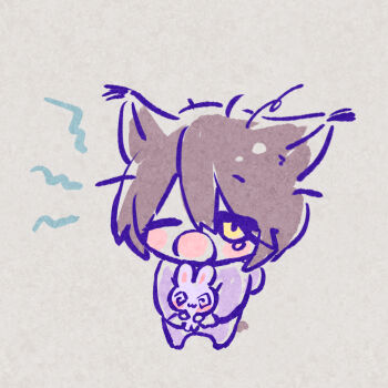  1boy @_@ animal animal_ears arknights blush_stickers brown_hair chibi full_body grey_background grey_pants grey_shirt hair_between_eyes holding myluche one_eye_closed open_mouth pants phantom_(arknights) rabbit shirt simple_background standing tail tears tragodia_(arknights) yawning yellow_eyes 