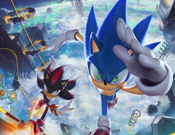  2boys absurdres black_fur blue_fur earth_(planet) foreshortening furry furry_male gloves green_eyes hedgehog_boy highres lazerpotaters multiple_boys planet red_eyes red_shoes running scenery shadow_the_hedgehog shoes sonic_(series) sonic_adventure_2 sonic_the_hedgehog space space_station white_gloves 