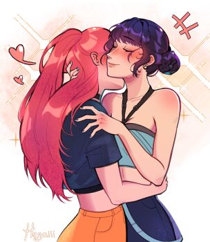  +++ 2girls aqua_shirt bare_shoulders black_hair black_shirt blush closed_eyes commentary crop_top english_commentary hair_bun halterneck heart hegaiii highres kiss kissing_neck kpop_demon_hunters mira_(kpop_demon_hunters) multiple_girls pink_hair shirt signature two_side_up valentine yuri zoey_(kpop_demon_hunters) 