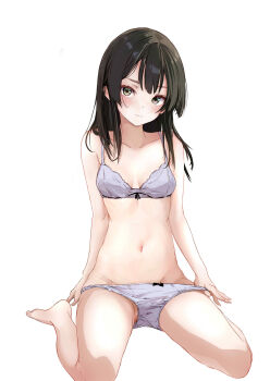  bare_arms bare_legs bare_shoulders barefoot black_hair blush bow bow_bra bow_panties bra breasts brown_eyes closed_mouth collarbone commentary_request grey_bra grey_panties groin highres kantai_collection long_hair looking_at_viewer navel oyashio_(kancolle) panties panty_pull rizzl simple_background sitting small_breasts underwear underwear_only wariza white_background 