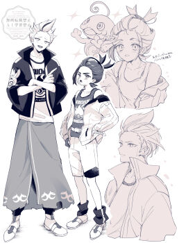  2boys absurdres blush coi_pom commentary crossed_arms drayton_(pokemon) gen_2_pokemon greyscale hand_on_own_hip height_difference highres index_finger_raised jacket kieran_(pokemon) long_sleeves male_focus mole mole_on_neck monochrome multicolored_hair multiple_boys multiple_views nintendo open_clothes open_jacket open_mouth pants pokemon pokemon_(creature) pokemon_sv politoed shoes shorts simple_background socks sparkle spiked_hair standing sweat tank_top translation_request watermark 