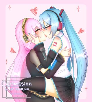  2girls aqua_hair arm_tattoo belt blush closed_eyes hatsune_miku headphones heart kiss leg_lock megurine_luka multiple_girls number_tattoo pink_hair skirt sleeveless sparkle tattoo thighhighs twintails vocaloid yumibunnyx yuri 