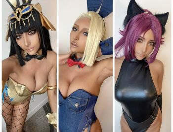  2024 android_18 android_18_(cosplay) animal_ears anubis_(mythology) armlet asian bare_shoulders black_hair bleach bleach:_sennen_kessen-hen breasts cat_ears closed_mouth collarbone commentary cosplay cosplay_photo cuffs dark-skinned_female dark_skin dragonball_z egyptian_mythology english_commentary fishnet_pantyhose fishnets hair_ornament japanese_(nationality) jewelry large_breasts legs_together leotard lips long_hair looking_at_viewer non_(nonsummerjack) nonsummerjack original pantyhose parted_bangs photo_(medium) ponytail purple_hair rabbit_ears shihouin_yoruichi simple_background strapless strapless_leotard tan thighs wrist_cuffs yellow_eyes 